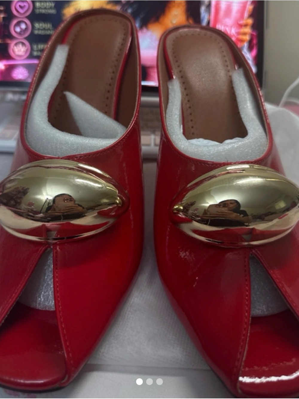 SHEIN Red Patent Peep-Toe Slide Heels with Gold Oval Accent